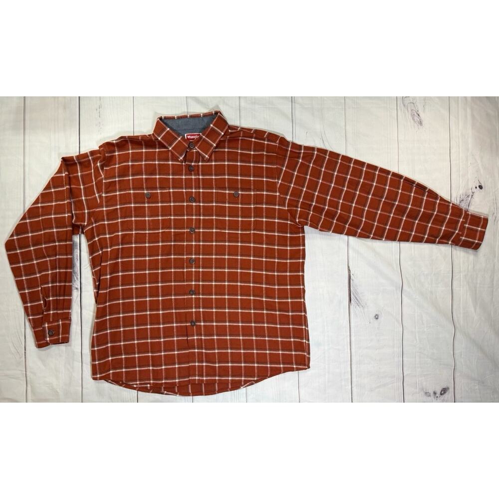 Wrangler Men’s Lightweight Flannel Shirt Orange‎ Plaid Work Shirt Size XL